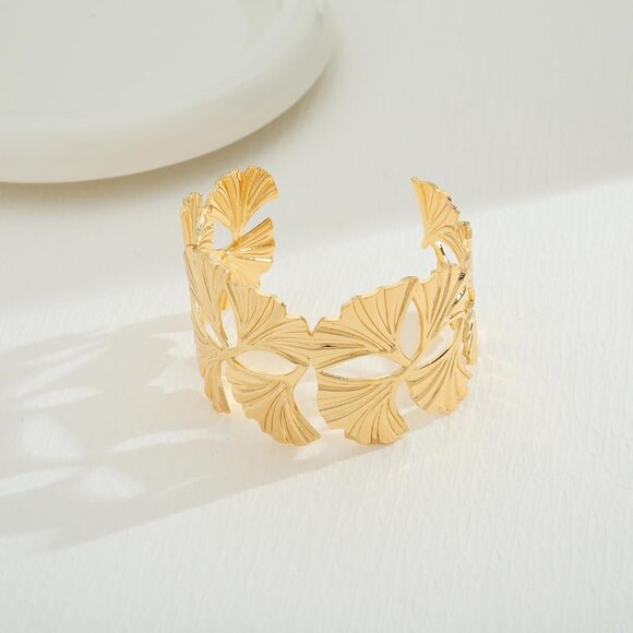 Gold Chunky Cuff Bracelet for Women Copper Gold-Plated Adjustable Statement Jewe - Picture 4 of 9